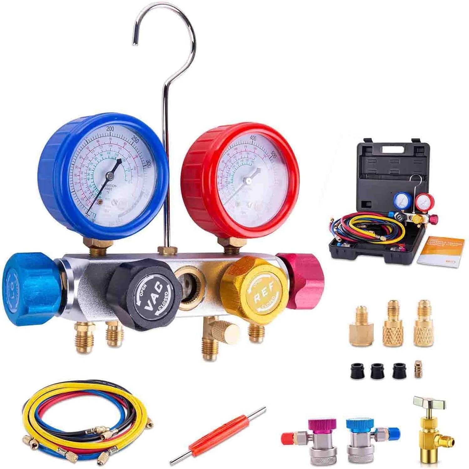 Heavy-Duty AC Manifold Gauge Set with Color-Coded Hoses - Quick Connection