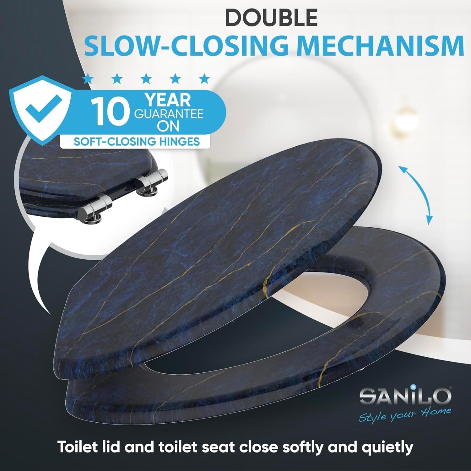 Elegant Soft Close Toilet Seat with Marble Dark Blue Design - Adjustable Fit