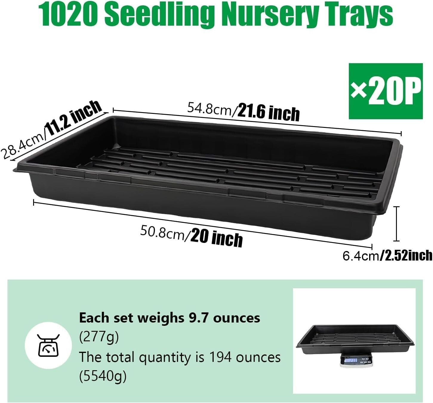 Versatile 1020 Nursery Pots - 20 Plastic Trays, 21.6" x 11.2", Ideal for Seeds