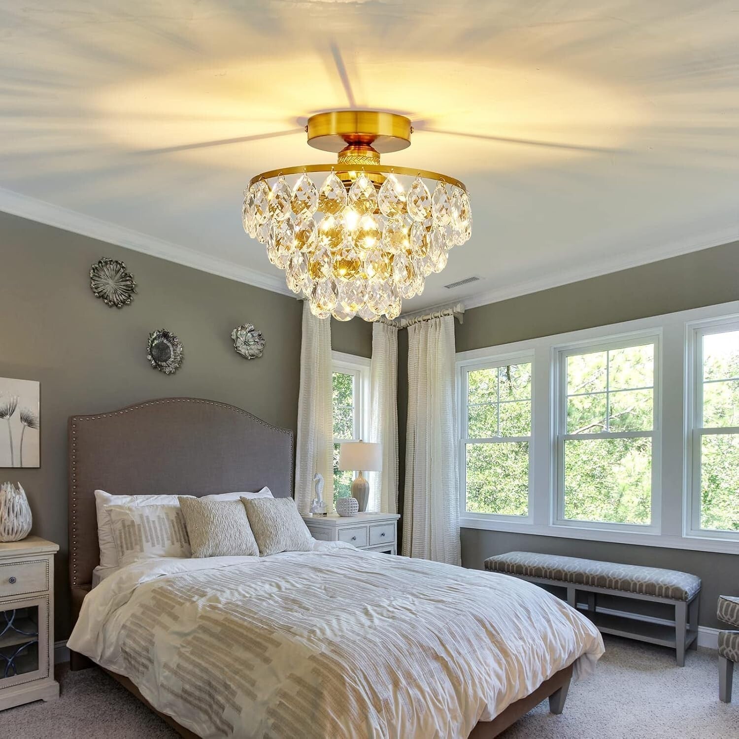 Elegant Gold Crystal Chandelier Semi-Flush Mount Light for Modern Interiors