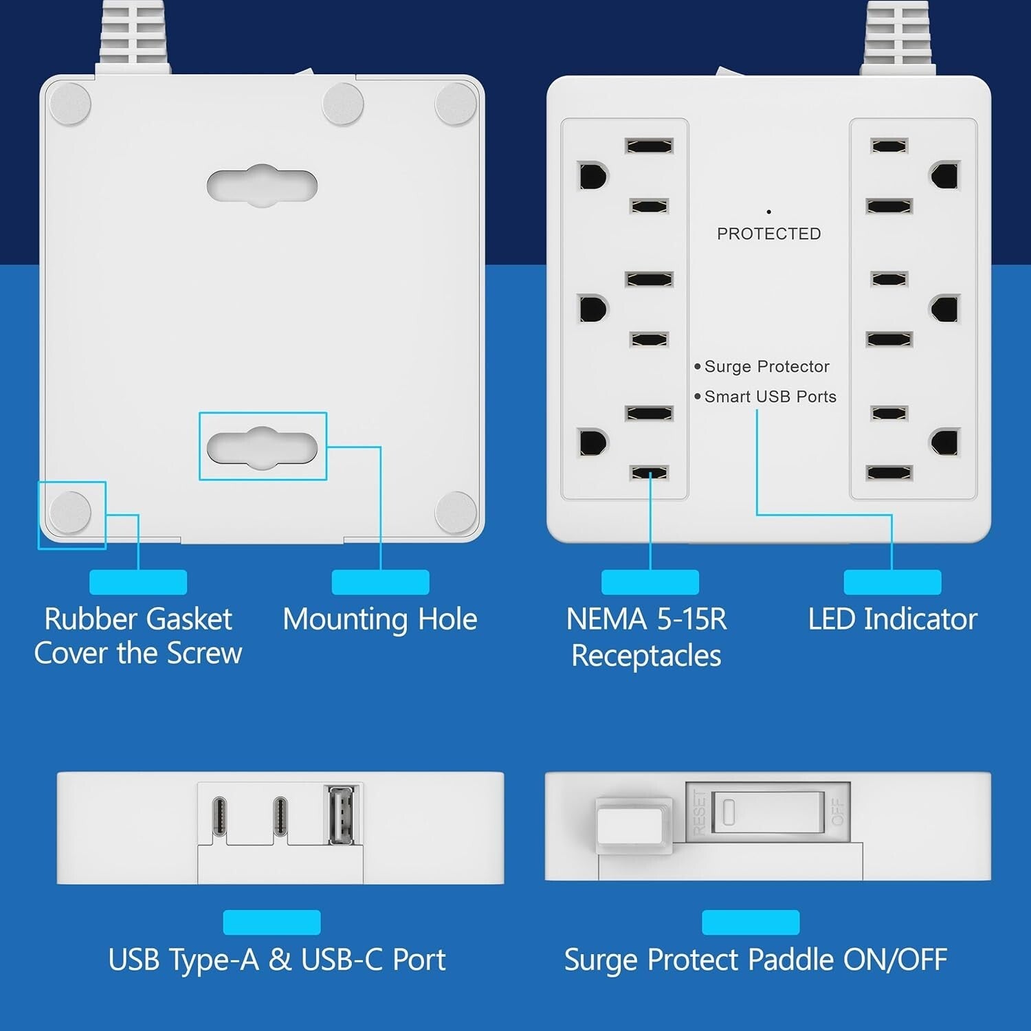 6-Outlet Surge Protector with USB-A & USB-C - Ultra-Thin Flat-Plug Power Strip