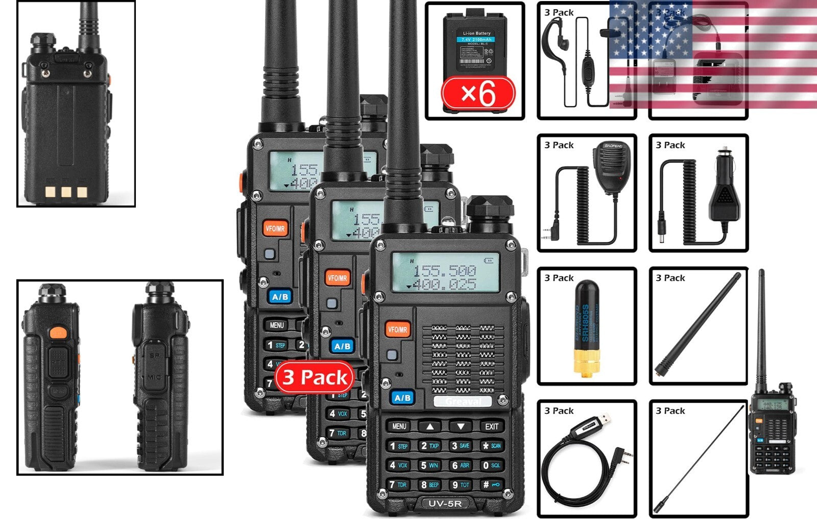 Lightweight Dual Band UHF/VHF Radio Set - 3 Pack with Rechargeable Batteries