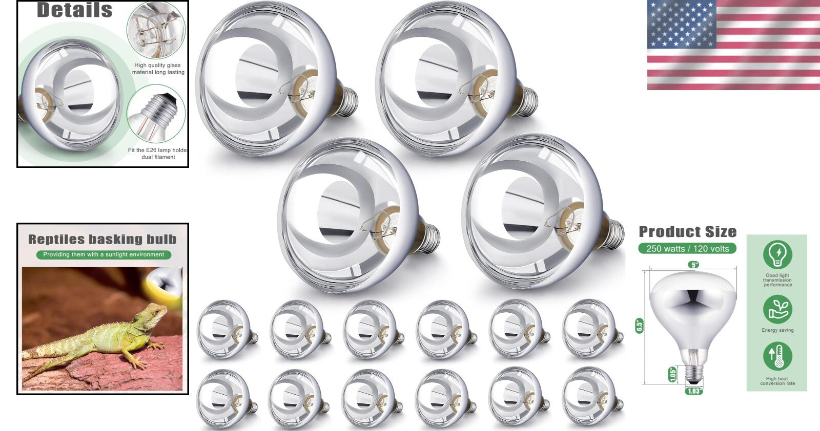 250W E26 Base Heat Lamp – 16 Clear Glass Bulbs for Reptiles & Animal Care