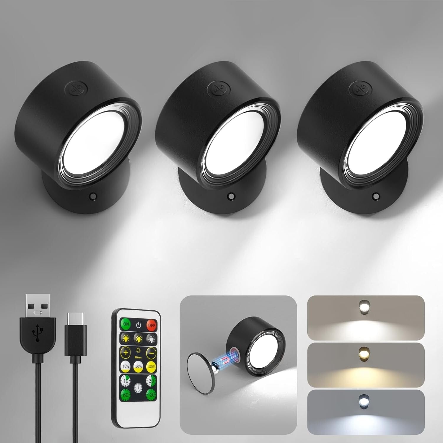 Art Deco LED Wall Lights - 3-Piece Cordless with 360° Rotation & Remote Control