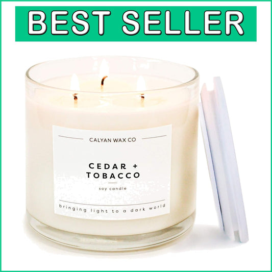 Classic 3-Wick Cedar Tobacco Candle in Glass Jar - 43 Hour Burn, Gift-Ready