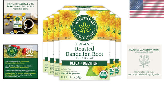 Organic Roasted Dandelion Root Tea - 96 Count for Healthy Digestion & Detox