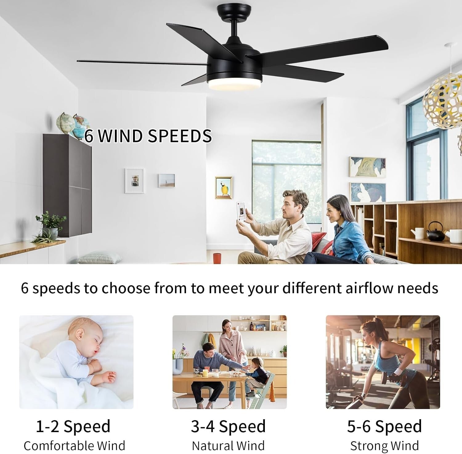 Dimmable LED Black Ceiling Fan with Remote Control - 3 Color Temperatures