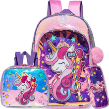 Load image into Gallery viewer, Lightweight &amp; Adjustable Unicorn Backpack for Girls with Lunch Box &amp; Pencil Case