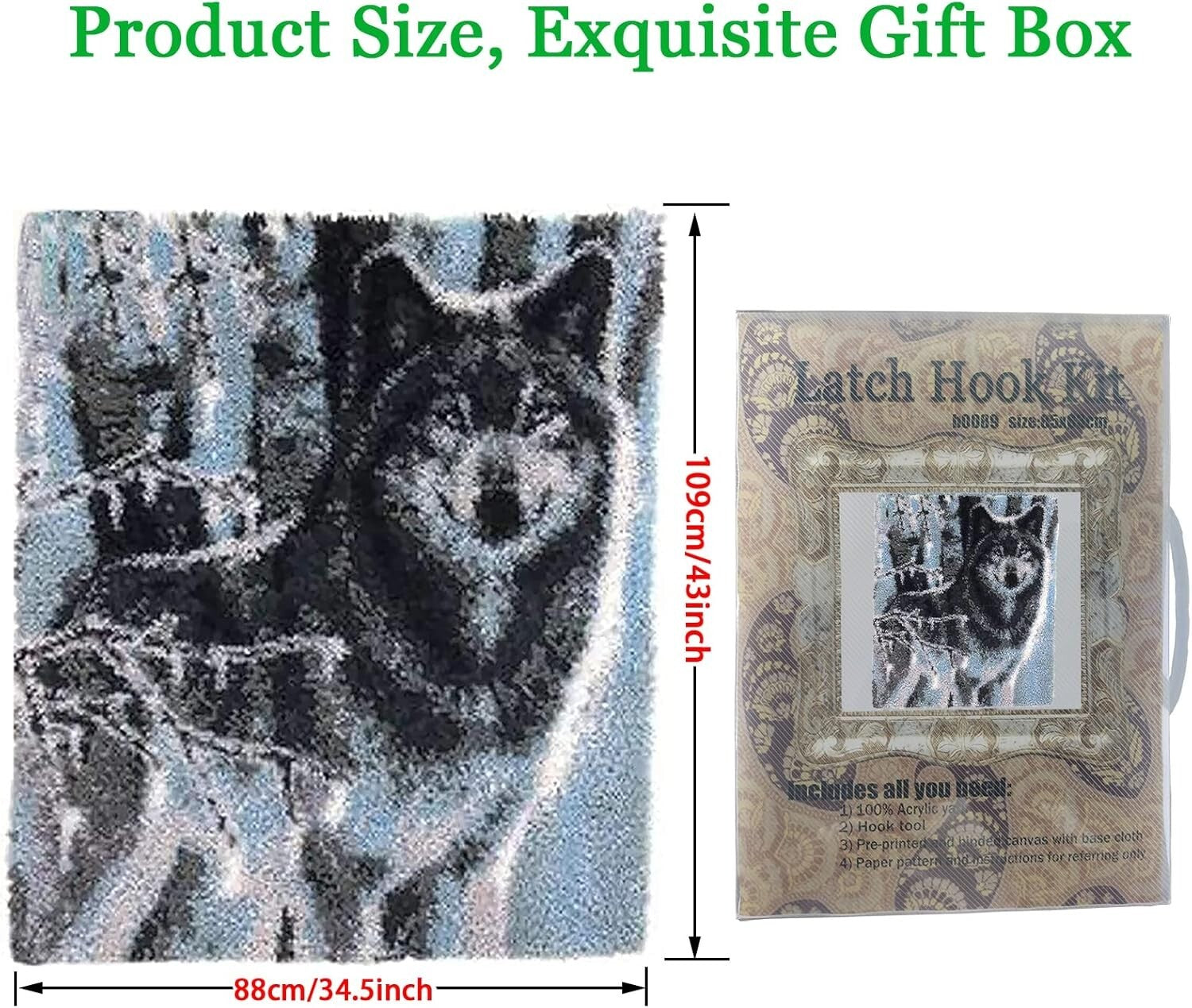 Eco-Friendly Snow Wolf Latch Hook Rug Kit for Adults - Family Craft Project