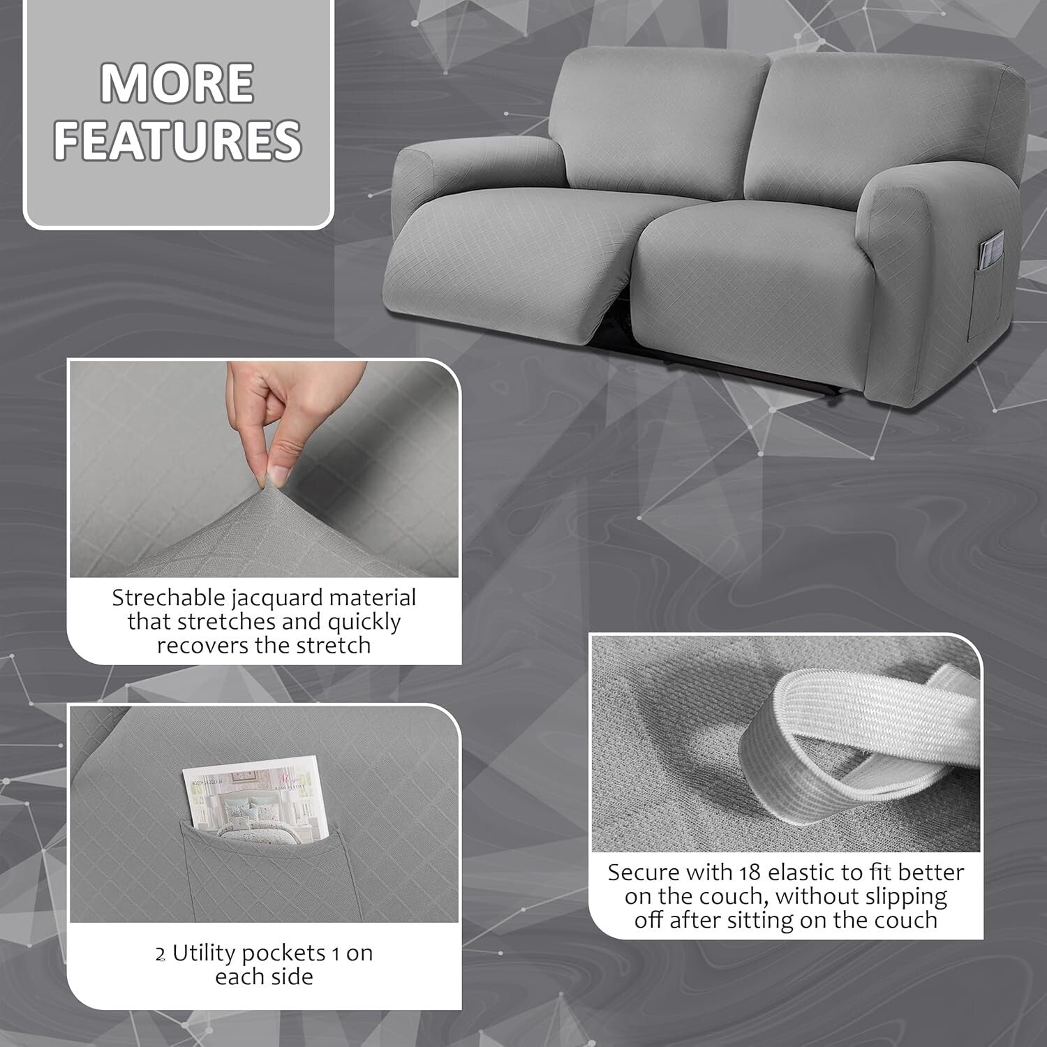 Extra Wide 75"-100" Reclining 2-Seater Jacquard Loveseat Slipcover - Light Grey