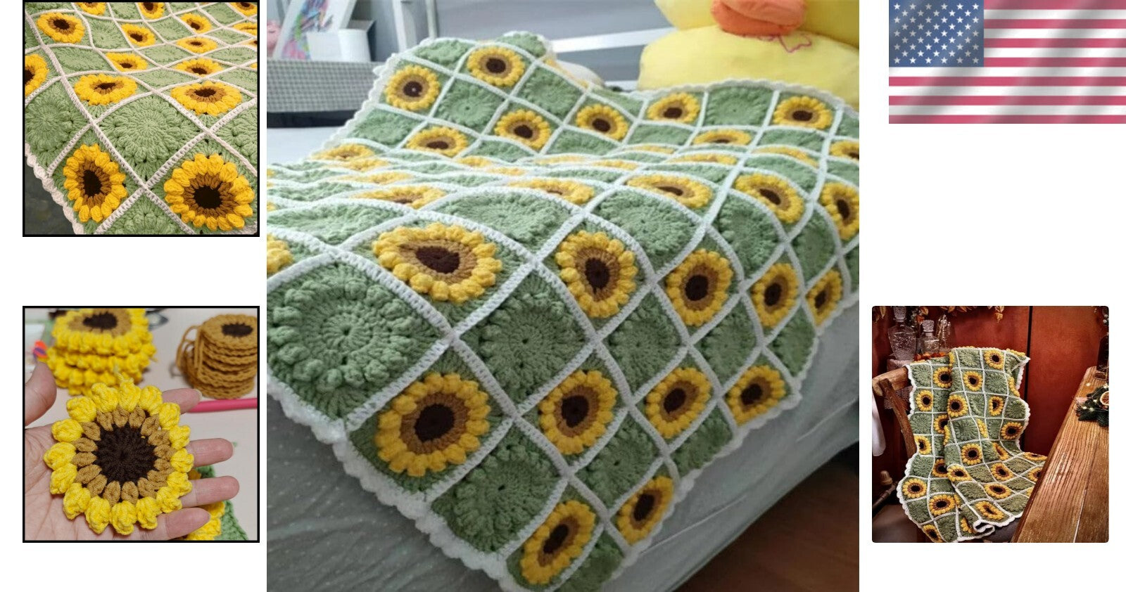Artisan Crocheted Sunflower Throw Blanket - Boho 59" x 39" for Cozy Luxury