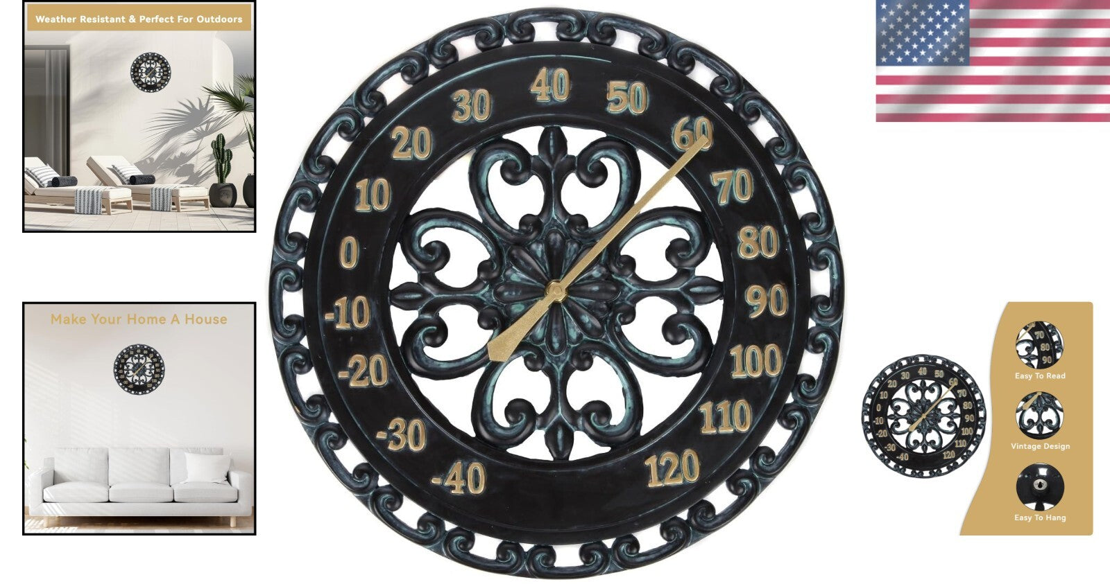 Large 13-Inch Black Wall Thermometer with Retro Design - Ideal Gift for Home