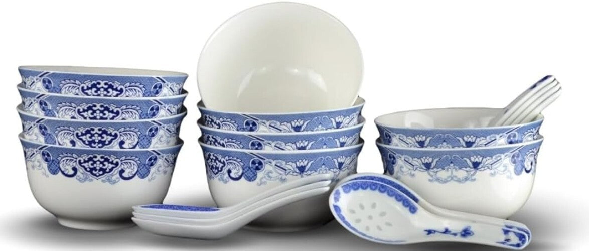 Traditional Blue & White Floral Soup Bowls Set of 6 with Free Porcelain Spoons