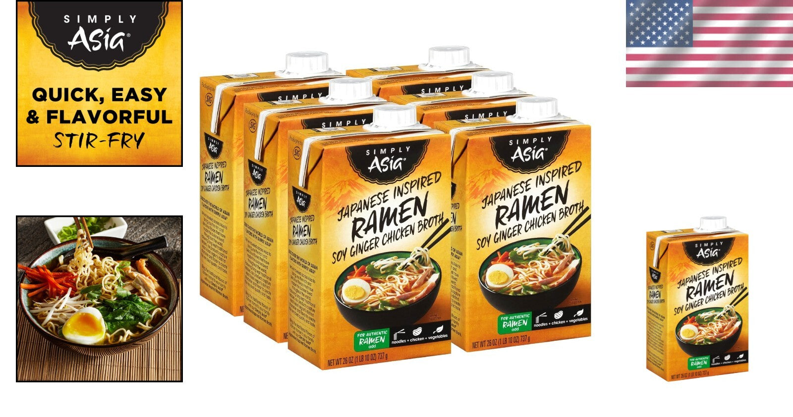 Pack of 6 Gluten-Free Japanese Ramen Soy Ginger Chicken Broth, 26 fl oz