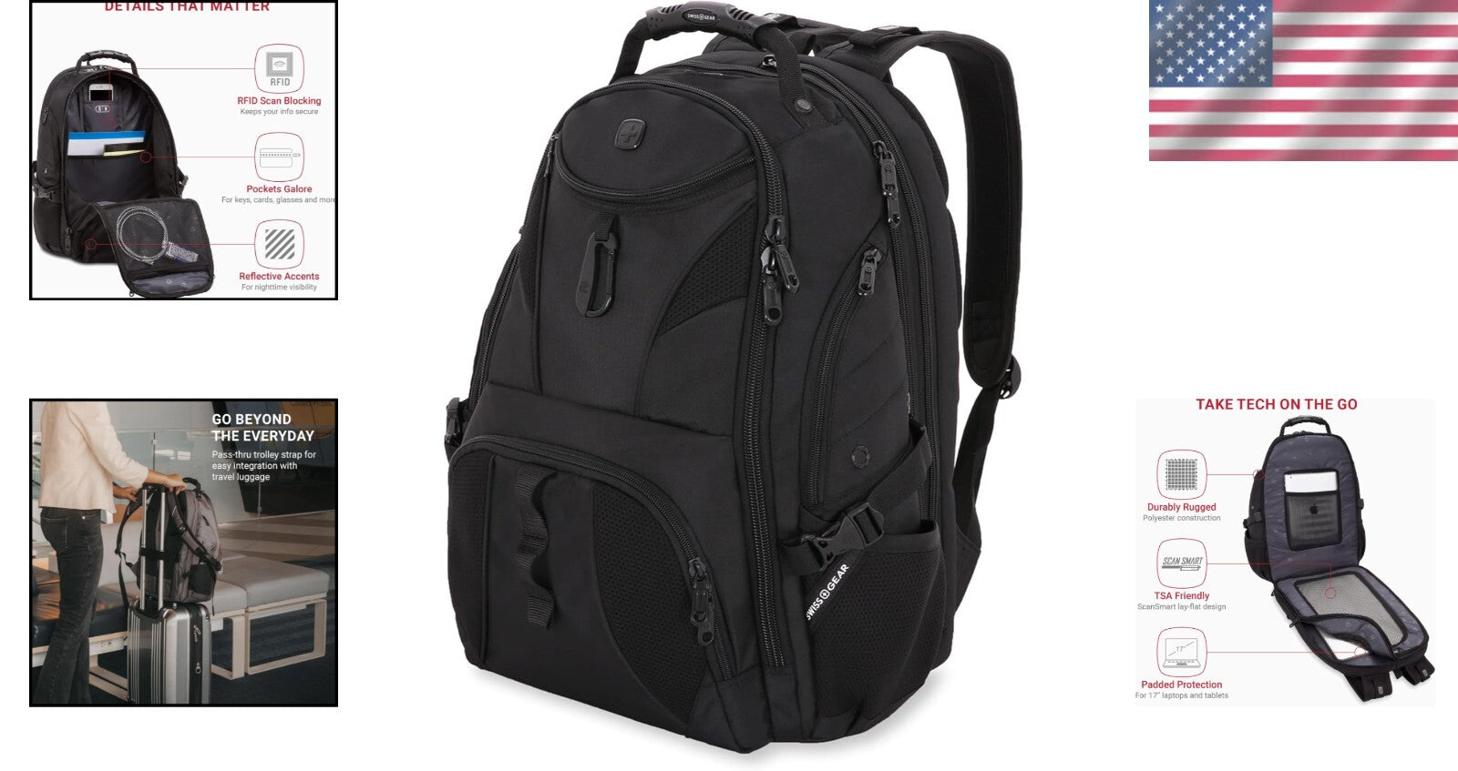 Multi-Functional Black Laptop Backpack with Padded Tablet Pocket - 31L Size