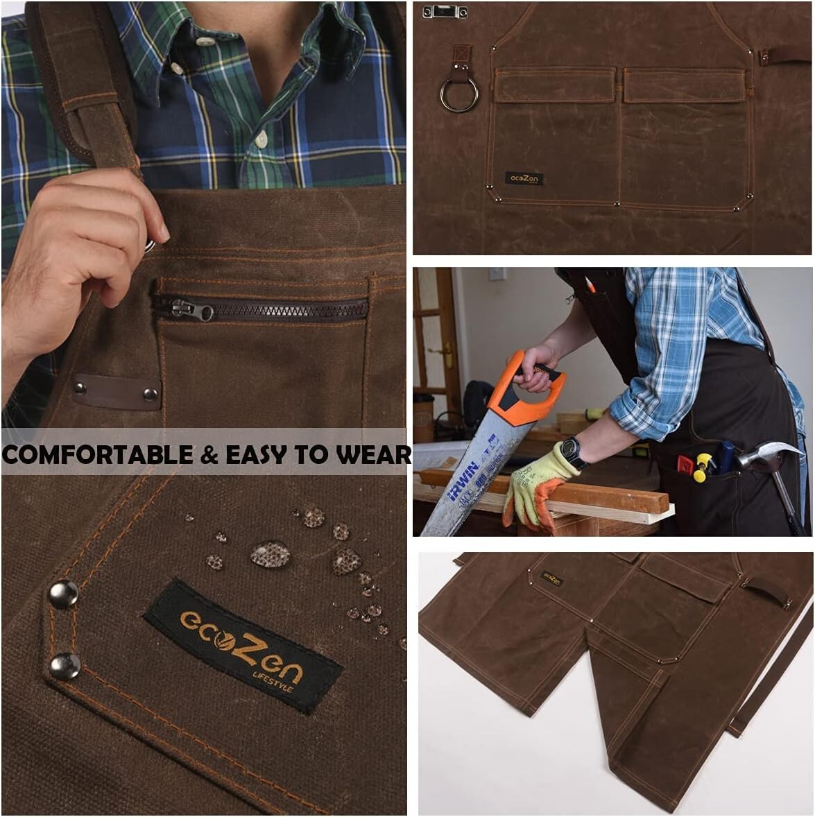 Extra Long Fully Adjustable Waxed Canvas Shop Apron with 6 Pockets for Comfort
