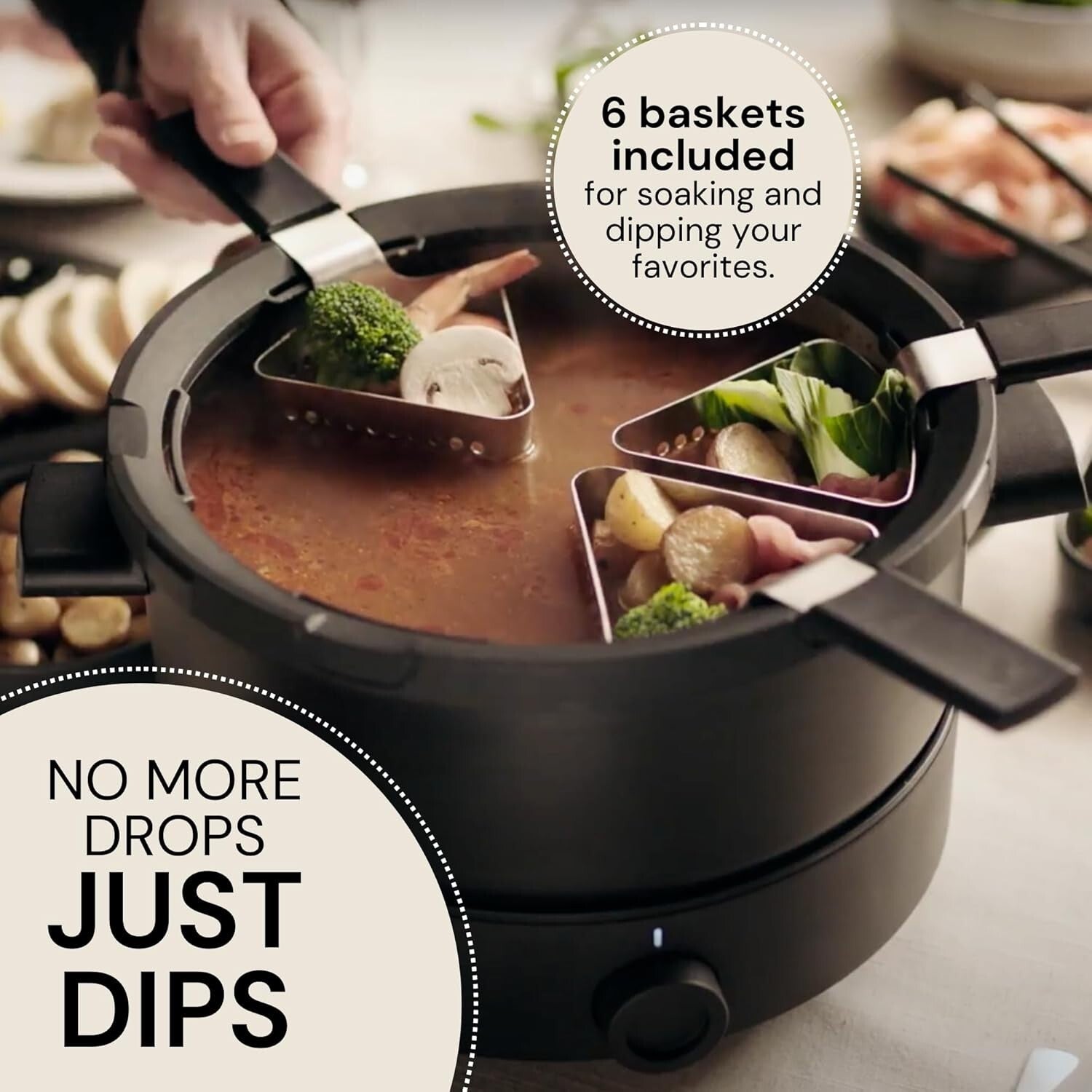 Ceramic Electric Fondue Set for Chocolate, Cheese & Broth - 6 Baskets Included