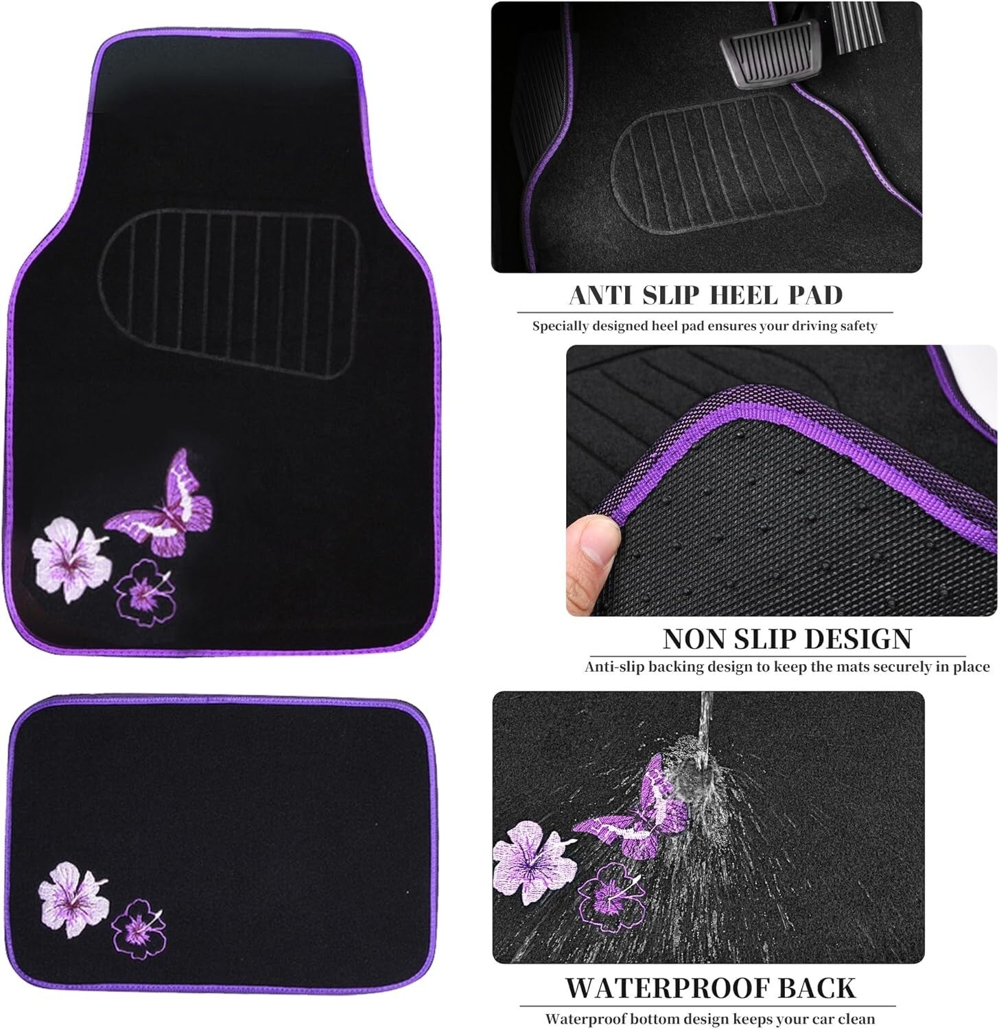 Elegant Purple Car Mats and Butterfly Steering Wheel Set - Easy Installation