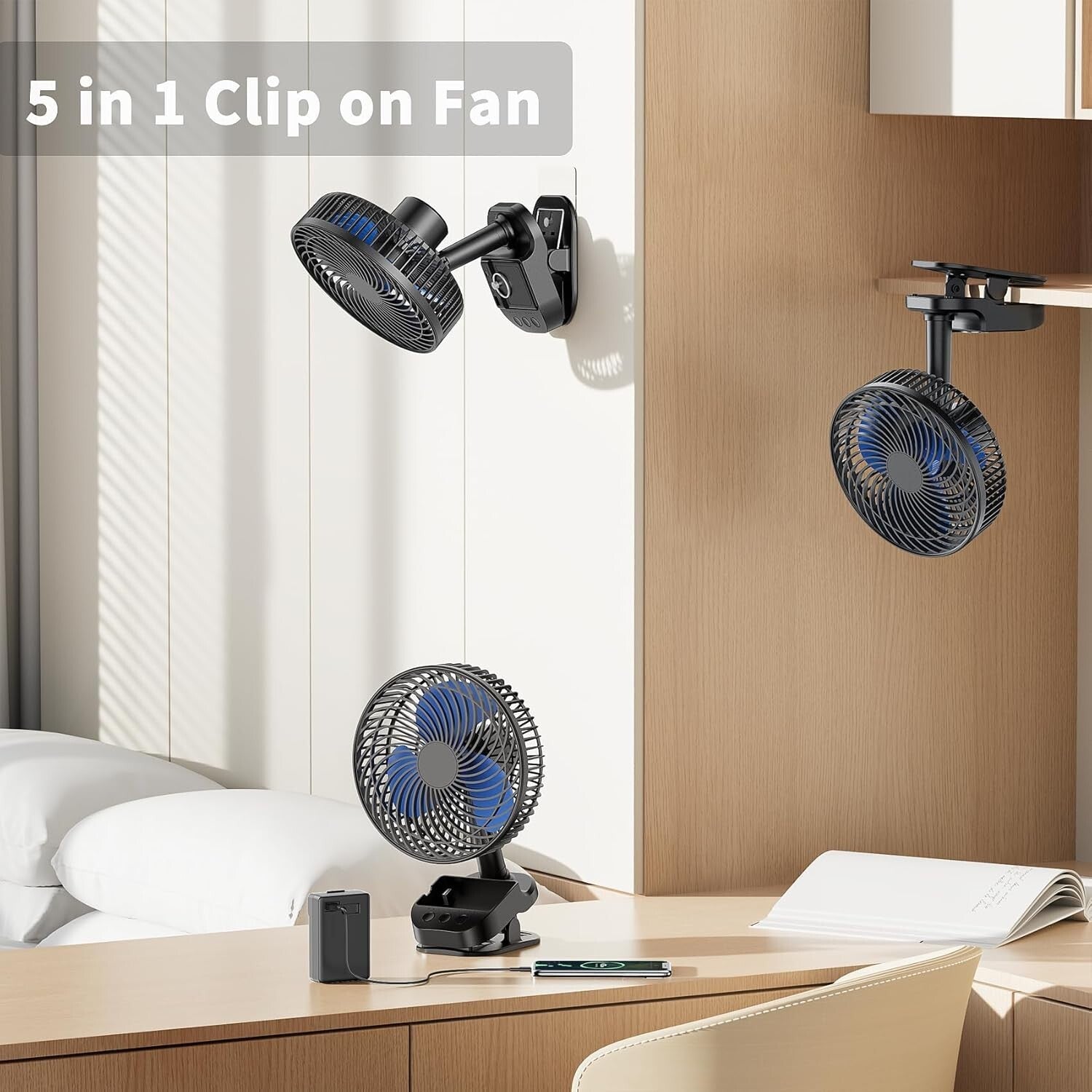4-in-1 USB Rechargeable Fan - 8-Inch Clip, 10000mAh, 5 Speeds, 45°/90° Rotation