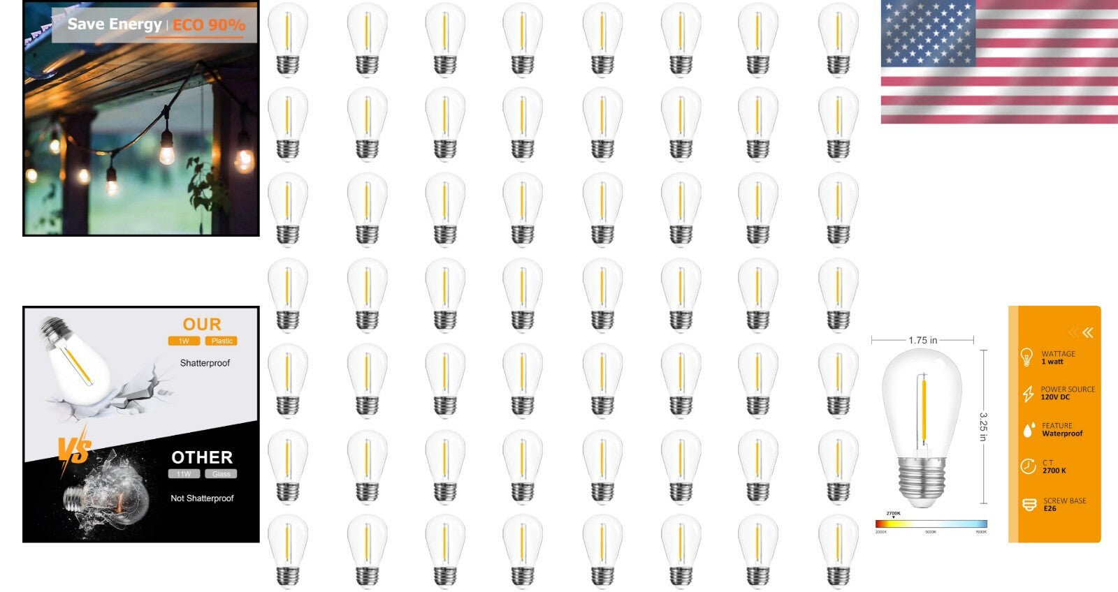 Durable Outdoor 48-Pack S14 Warm White LED String Light Bulbs - 25,000 Hour Life