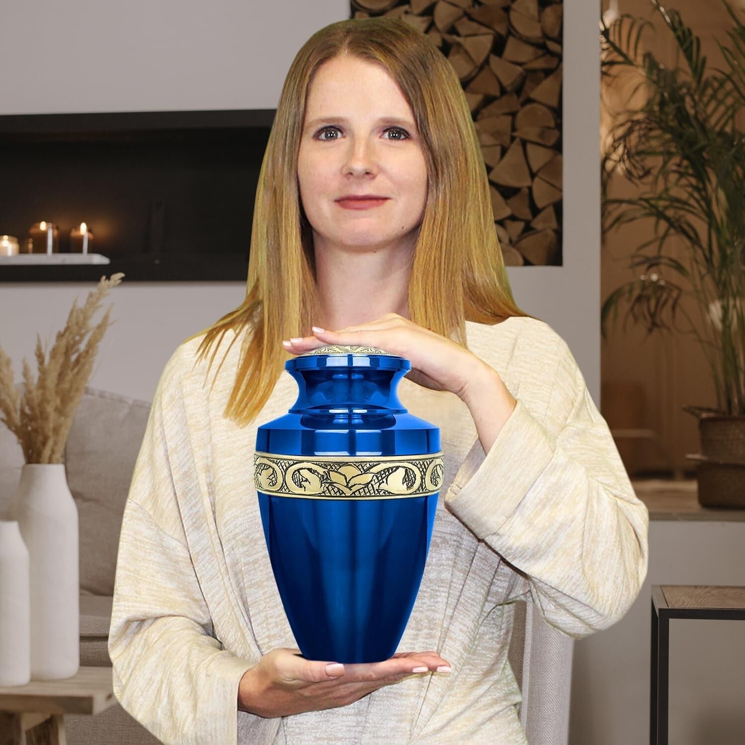 Beautiful Decorative Burial Urn for Adult Ashes - Blue and Gold Aluminum Finish