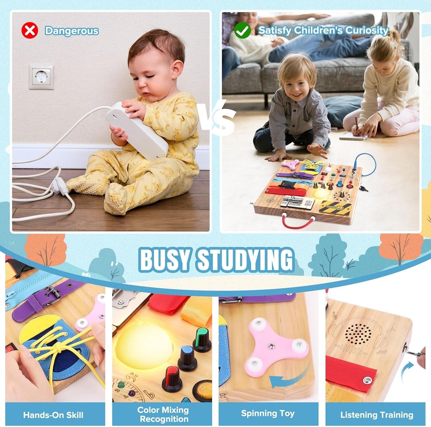 Travel-Friendly Montessori Busy Board with 15 Switches & 26 LED Lights for Kids