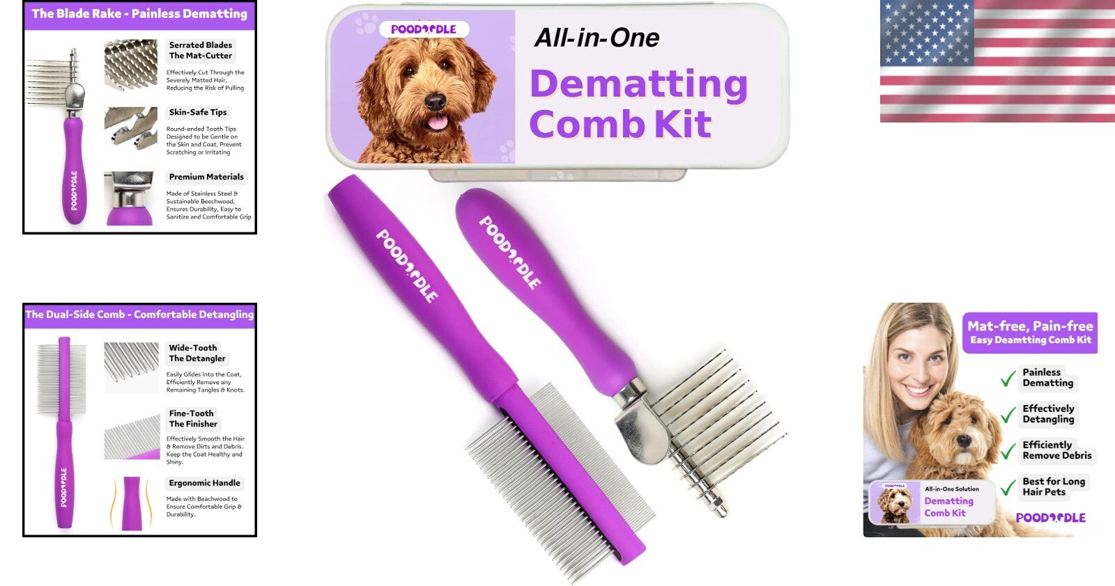 Pet Grooming Tools Set - Gentle Dematting Rake & Dual-Sided Comb for Cats & Dogs