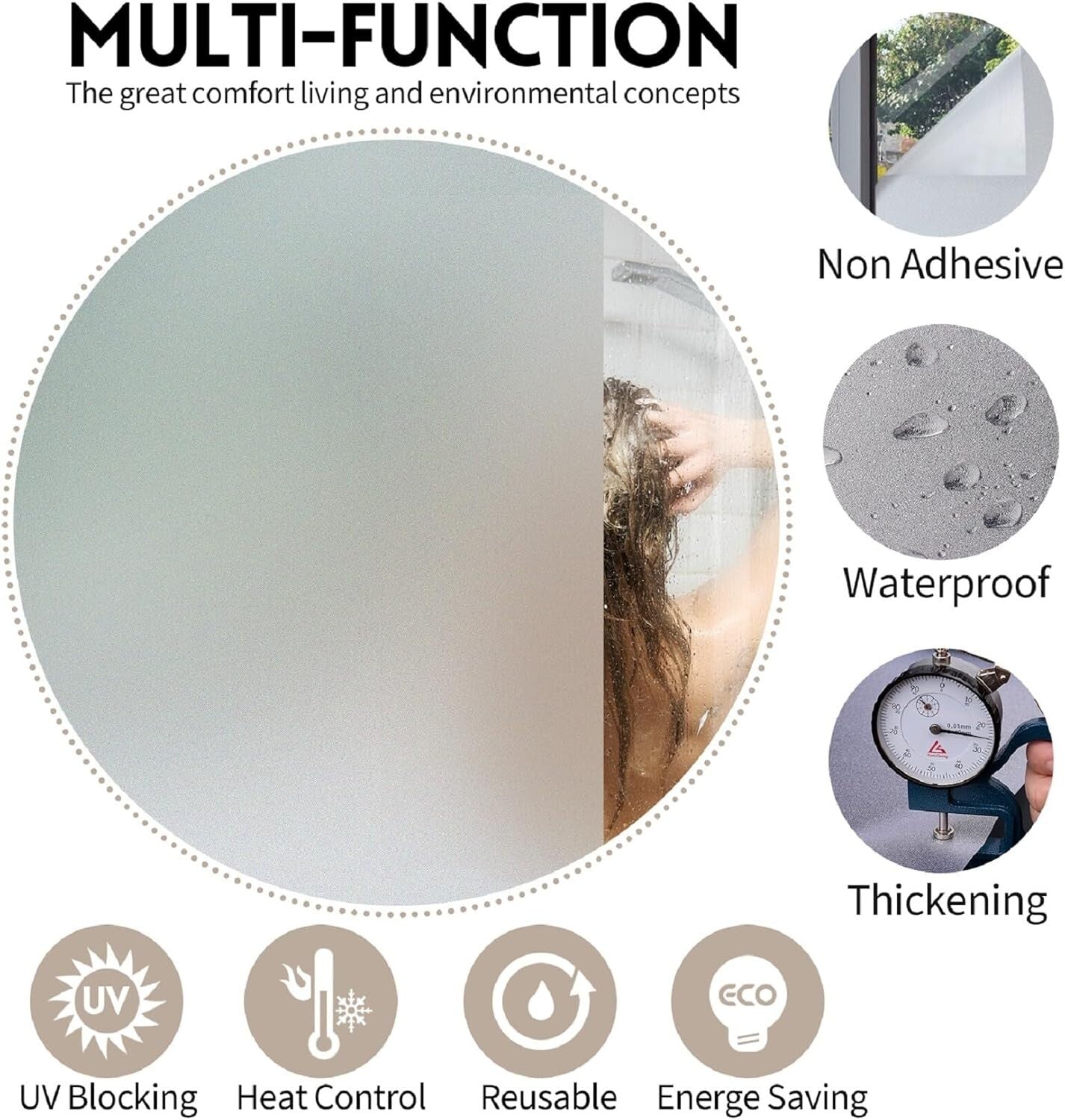 Frosted Glass Window Privacy Film - UV Blocking & Heat Control, 41.3" x 19.7"