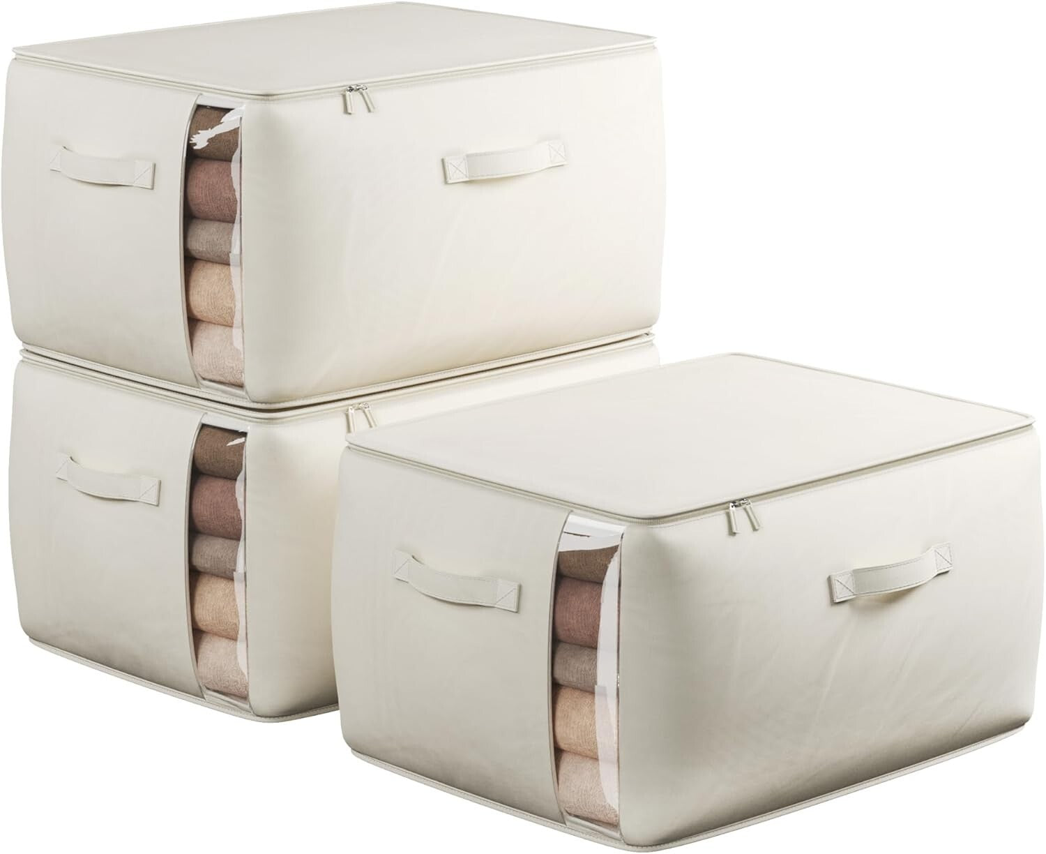 Spacious 70L Foldable Cotton Linen Storage Bags with Zipper & Side Window, Beige