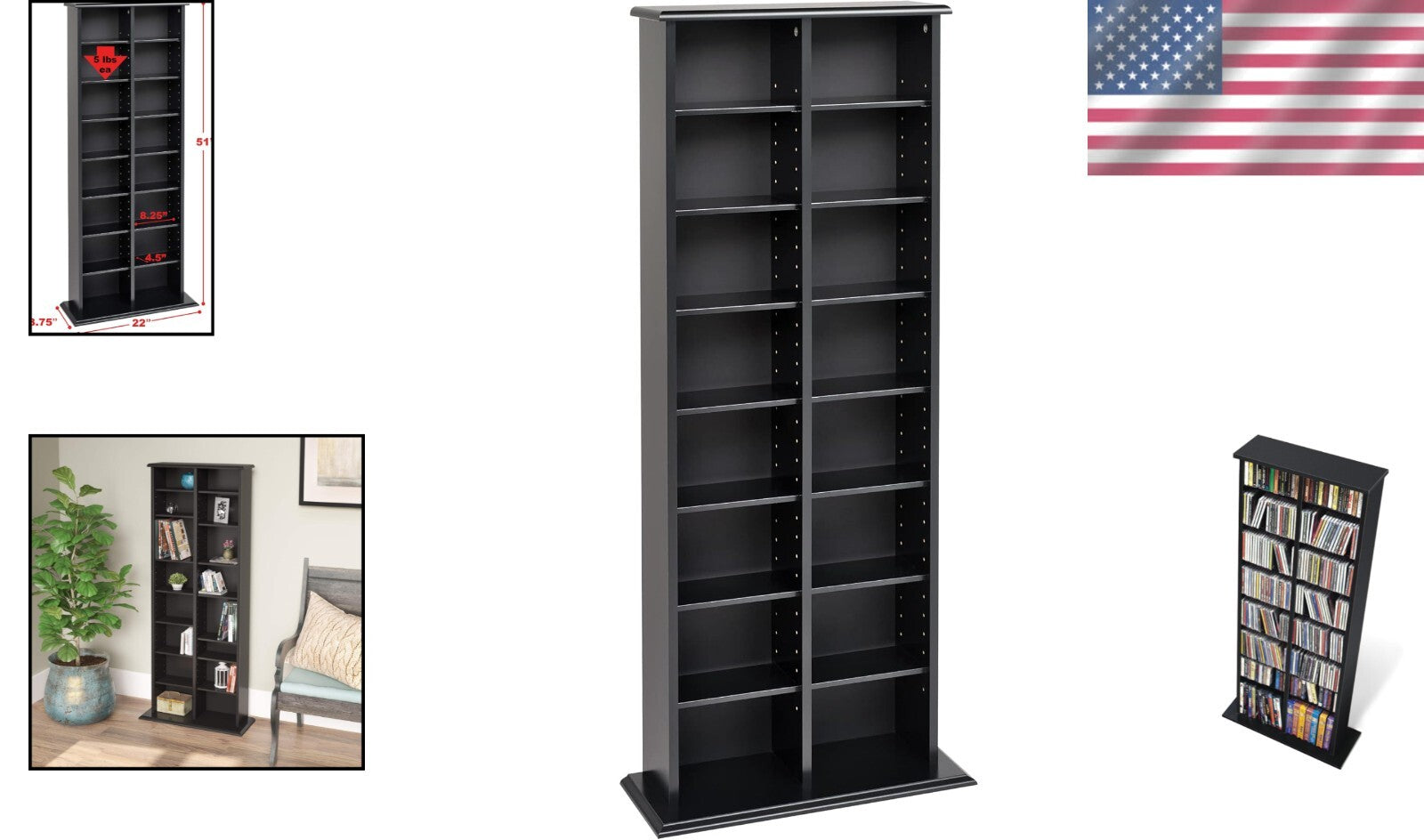 Durable Black Multimedia Cabinet - Holds 320 CDs, 130 DVDs with Stability