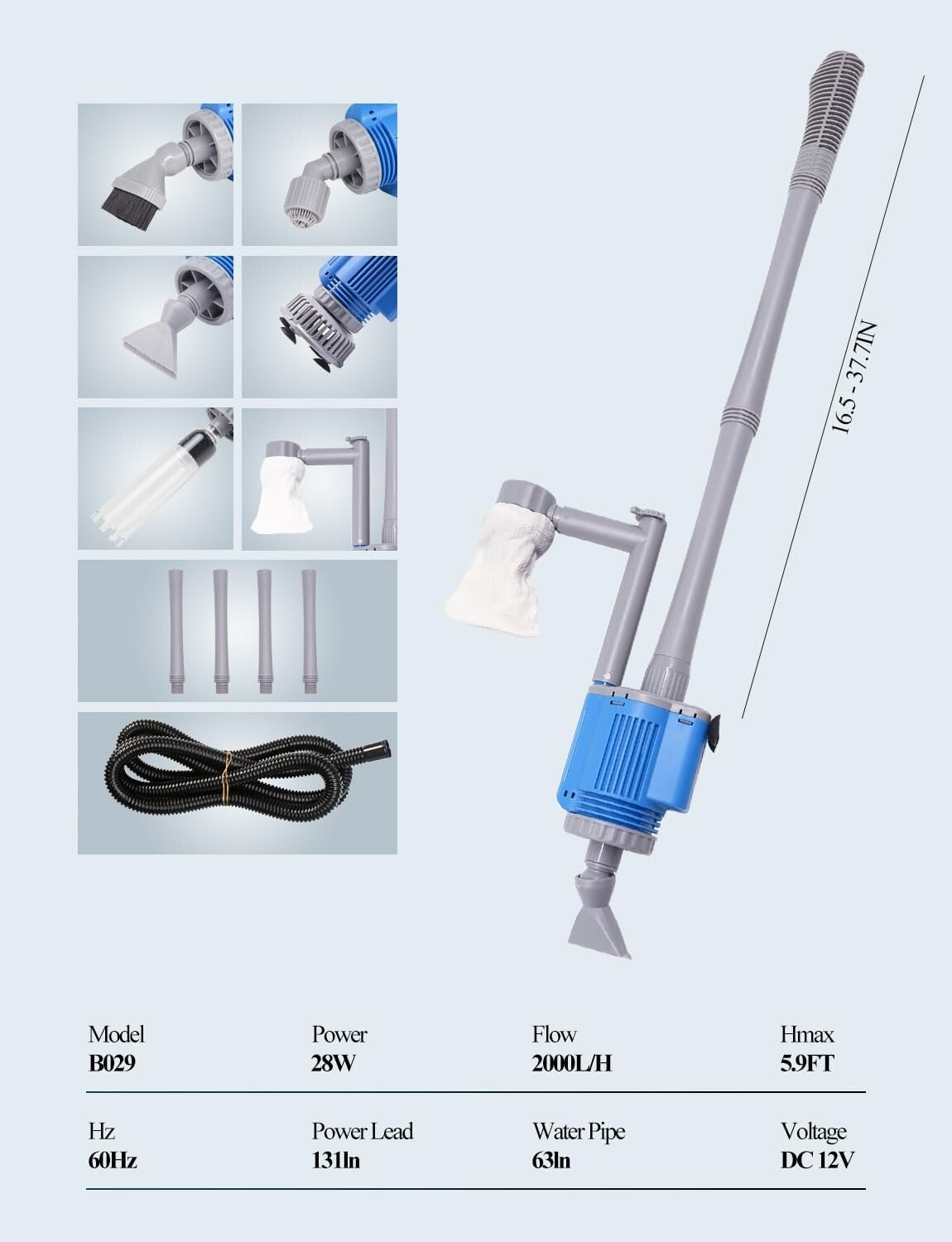 6-in-1 Electric Aquarium Cleaner: 12V, 28W Gravel Vacuum for 10-200 Gallon Tanks