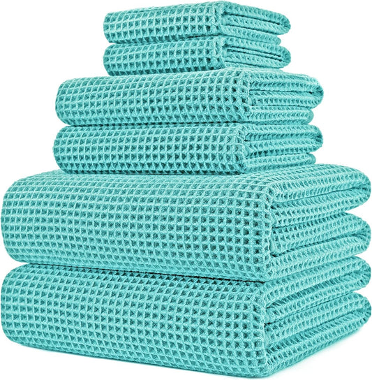 Deluxe 6-Piece Aqua Waffle Weave Microfiber Bath Towels - Oversize 60 x 30 in.