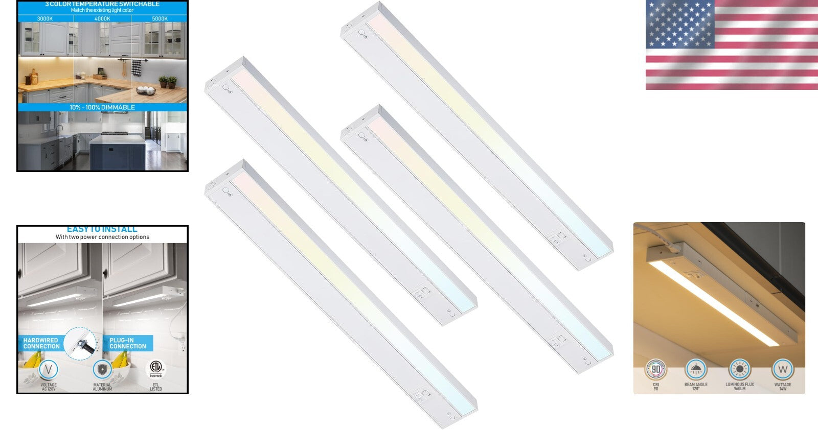 ETL Listed LED Under Cabinet Lighting - 22" 3CCT Dimmable Kitchen Lights, 4 Pack