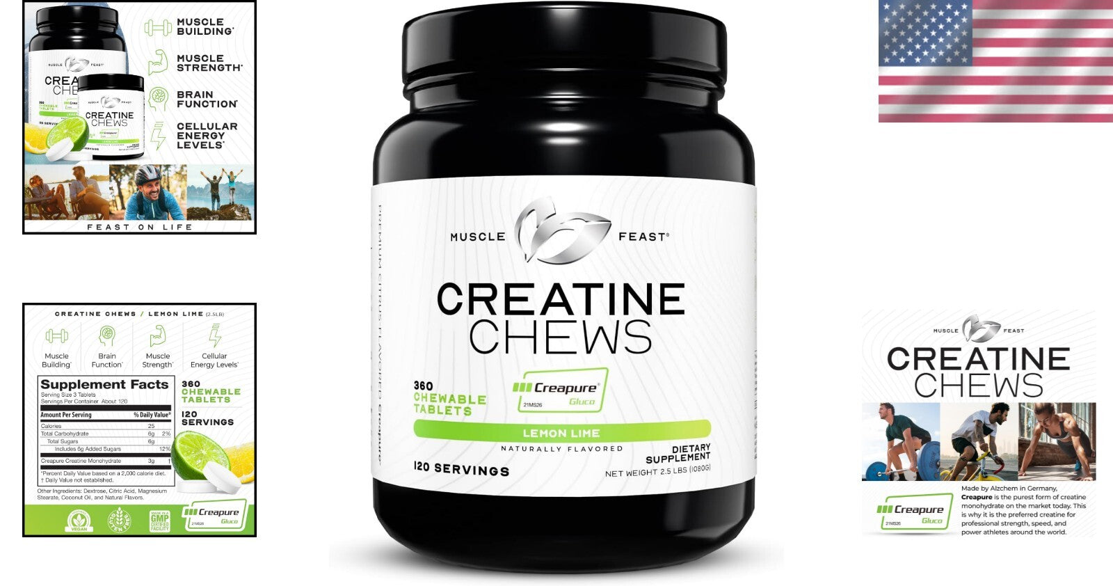 Chewable Vegan Creatine Tablets - 360 Lemon Lime Flavor for Workout Recovery