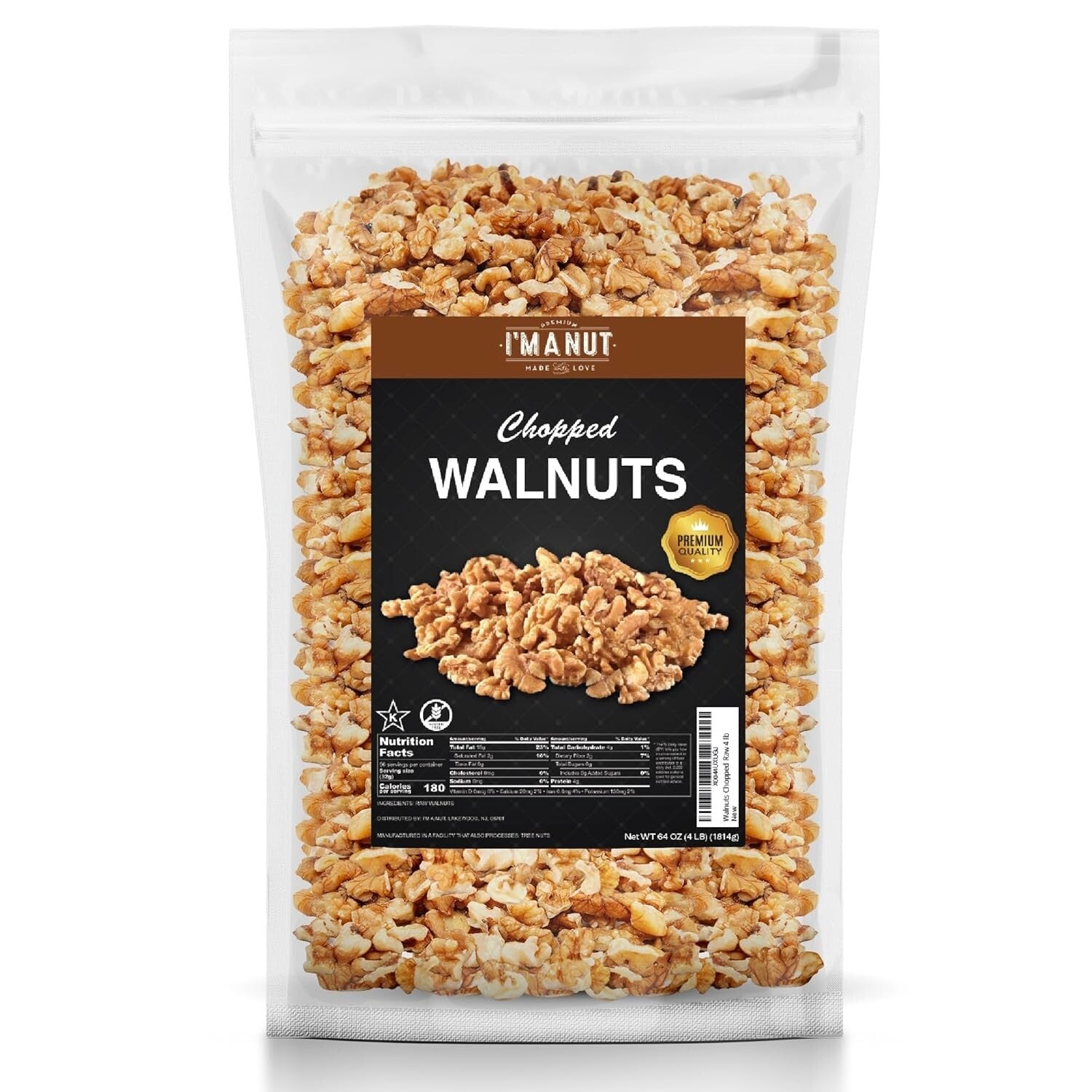 Natural Raw Chopped Walnuts 64oz - Bulk Quality, Gluten-Free, Resealable Pouch
