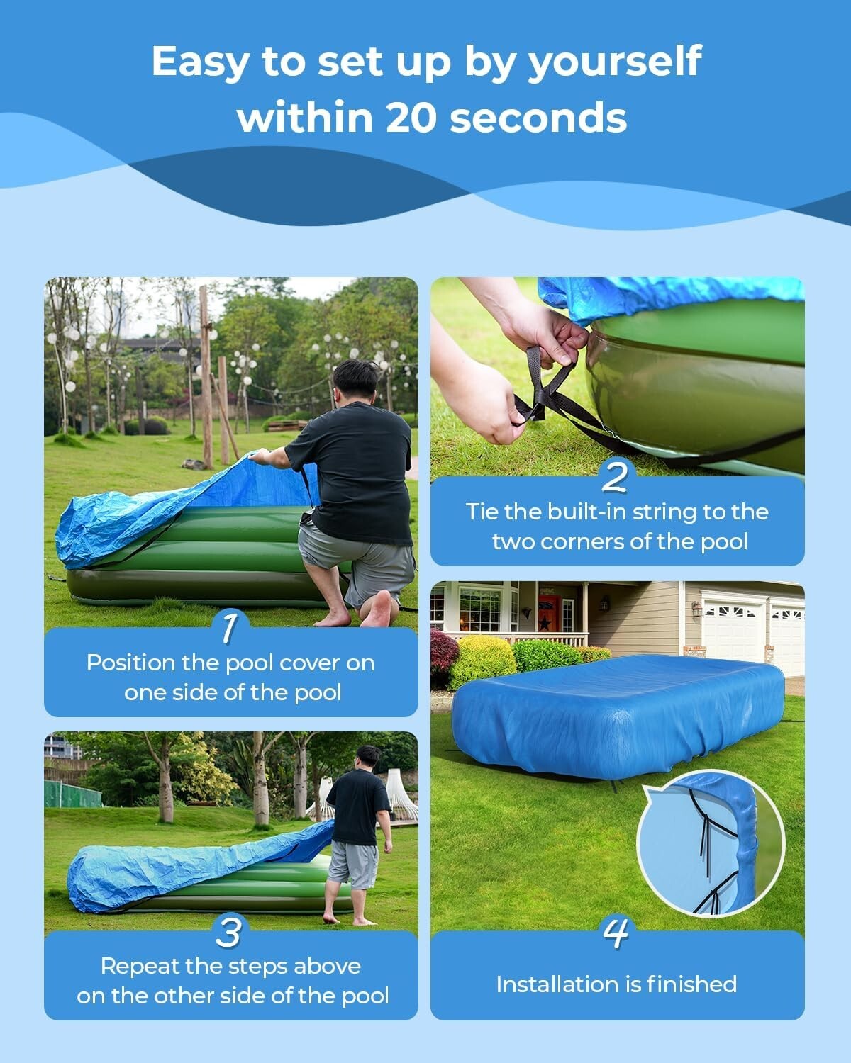 Easy One-Person Setup Inflatable Pool Cover - Fits Pools Up to 130" L x 84" W