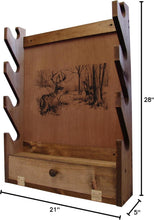 Load image into Gallery viewer, Deer Print Gun Rack - Wall Mounted Wooden Holder for Four Firearms &amp; Accessories