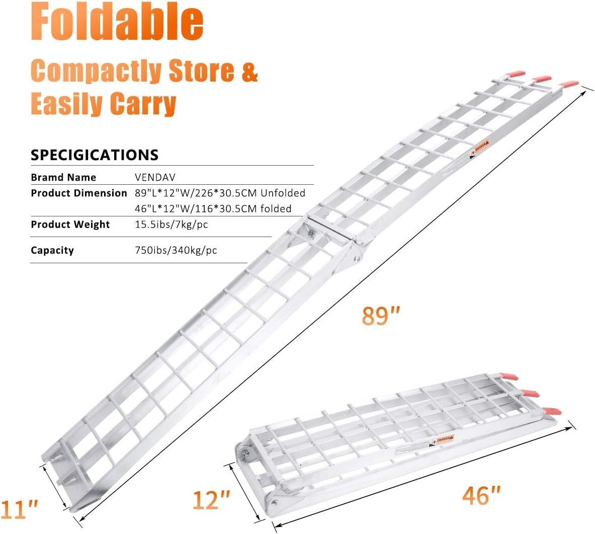 Folding 7.5FT Aluminum Motorcycle Ramp for Trucks, 750 lbs Capacity Safe Loading