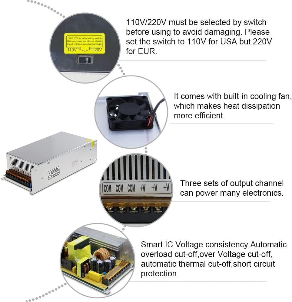 Efficient 24V 25A Adapter with Built-in Cooling Fan - LED & Electronics Power
