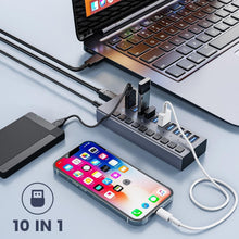 Load image into Gallery viewer, Aluminum 10-Port USB 3.0 Splitter with Surge Protection &amp; 5Gbps Transfer Speed