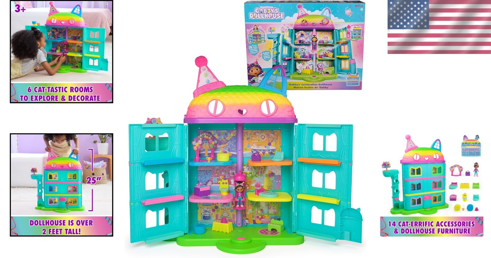 Gabby's 14-Pc Interactive Dollhouse Set - 25-Inch Celebration Toy for Kids