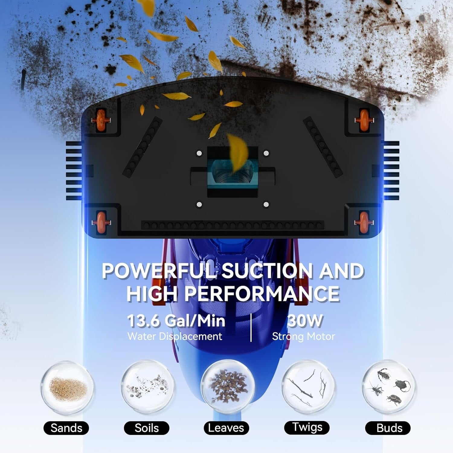 Cordless Handheld Pool Vacuum with Telescopic Pole - 60 Mins Runtime, Lake Blue