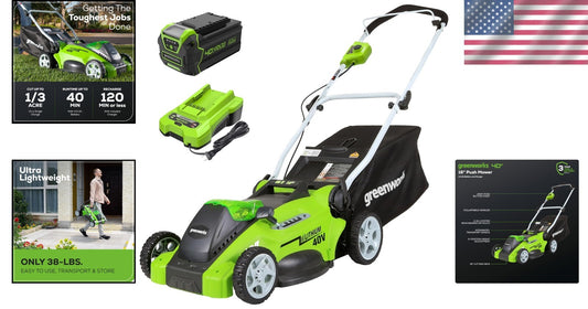 40V Cordless Push Lawn Mower - 16" Cutting Width with 4.0Ah Battery & Charger