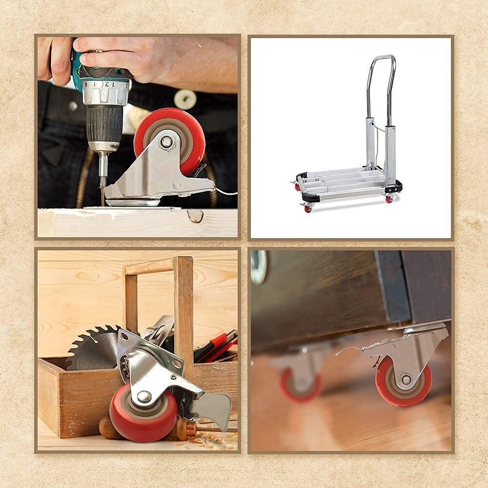 8-Pack 3-Inch Caster Wheels with Brakes - Red Polyurethane for Furniture & Cart