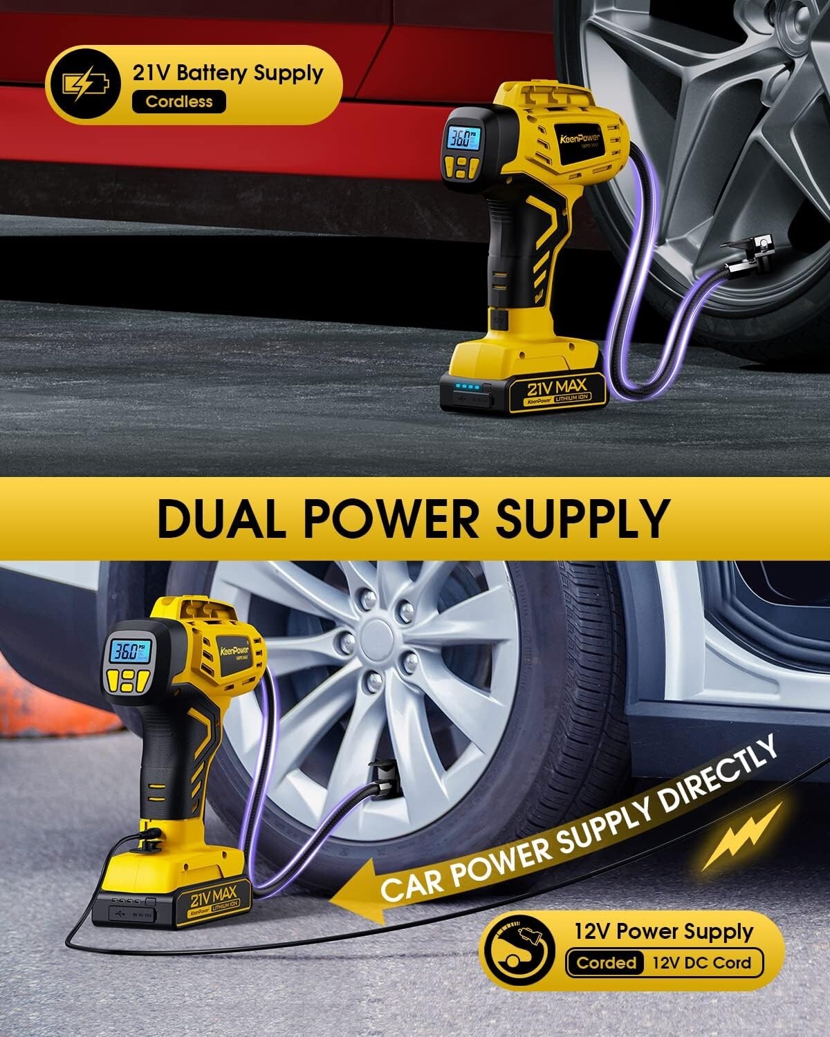 Quick-Charge Tire Inflator with 21V Battery - 160 PSI for Cars, Bikes & E-Bikes