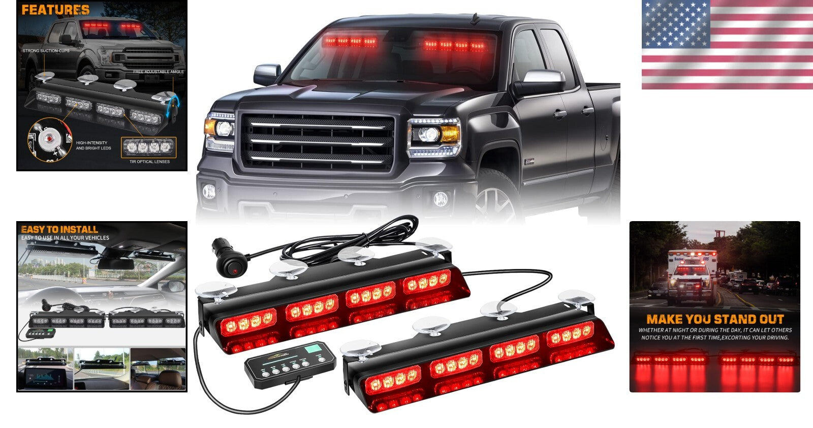 Bright 32-LED Emergency Strobe Lights for Windshield - 2x14 Inch Red Warning Kit