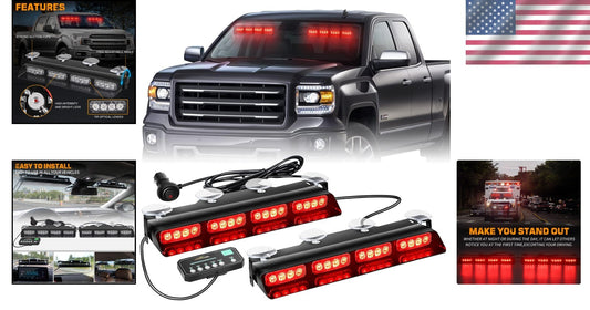 Bright 32-LED Emergency Strobe Lights for Windshield - 2x14 Inch Red Warning Kit