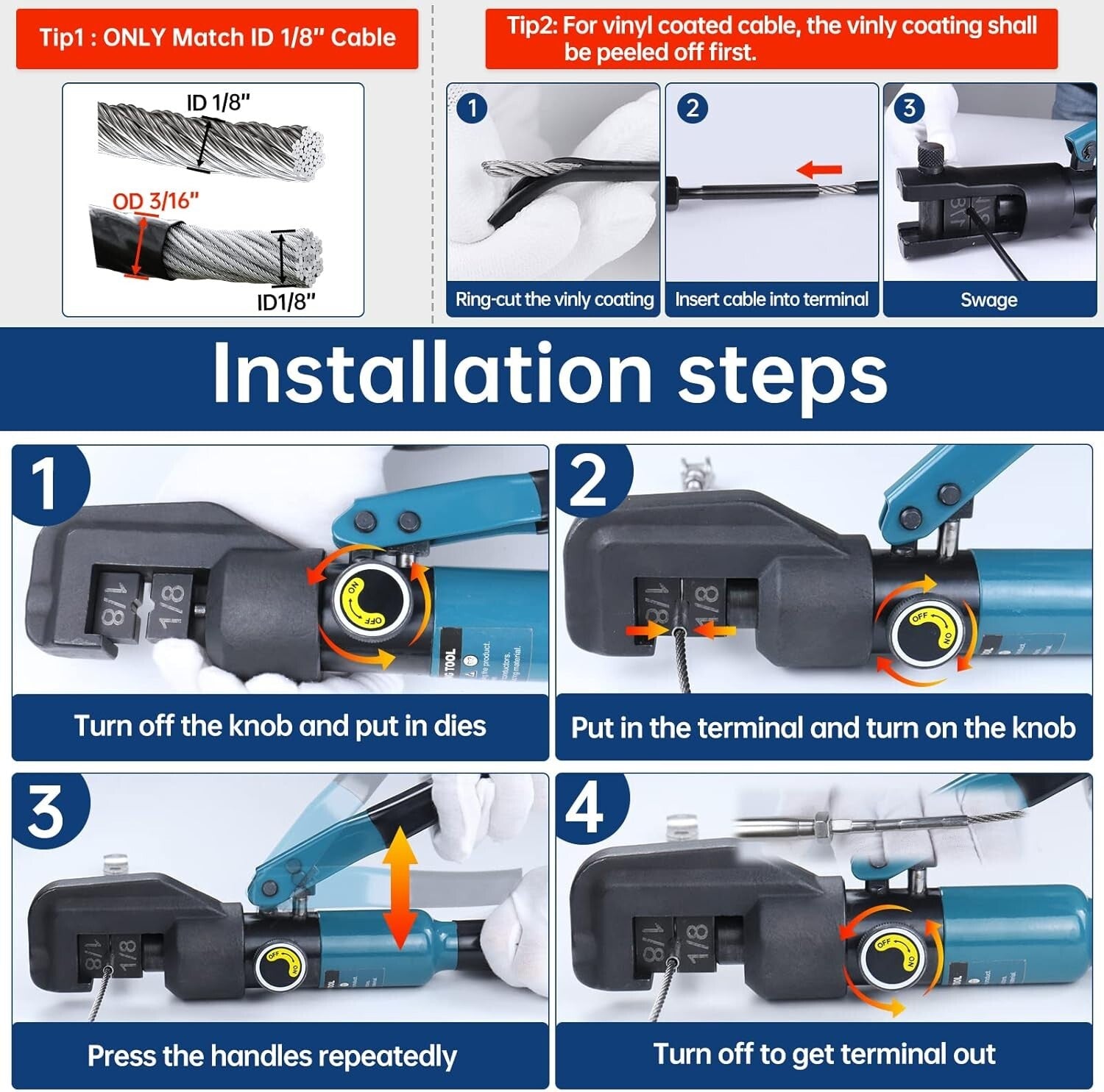 Hand-Powered Hydraulic Crimper with Ergonomic Handle for Stainless Steel Cables