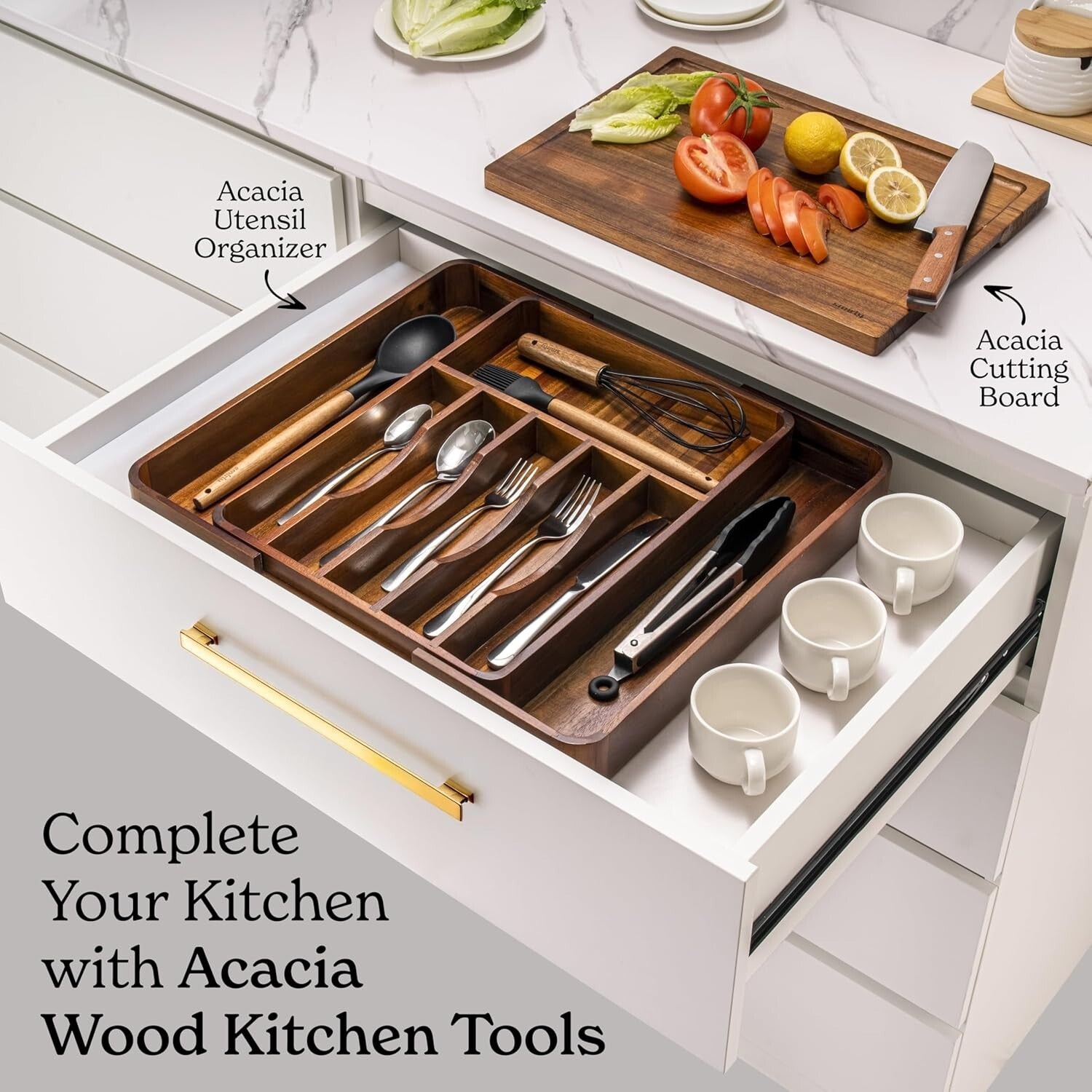 Durable Acacia Drawer Divider – Expandable Storage for Silverware and Utensils