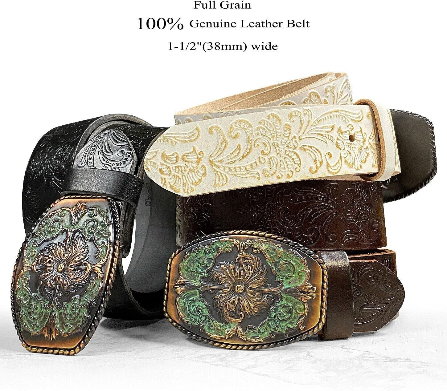 Elegant Genuine Leather Western Floral Engraved Belt with Interchangeable Buckle